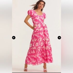 LoveShackFancy Pink Floral Tiered Puff-Sleeve Maxi Dress